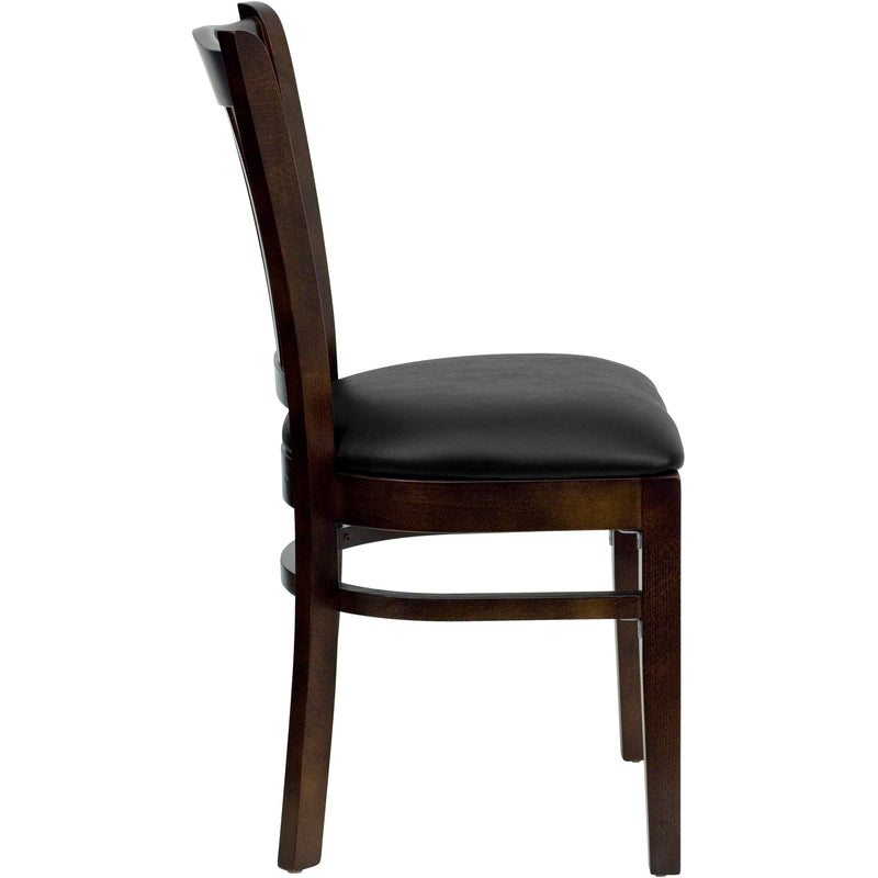 SINGLEWAVE Series Vertical Slat Back Walnut Wood Restaurant Chair - Black Vinyl Seat