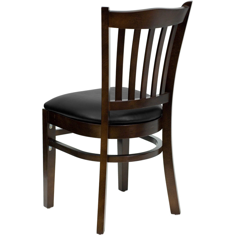 SINGLEWAVE Series Vertical Slat Back Walnut Wood Restaurant Chair - Black Vinyl Seat