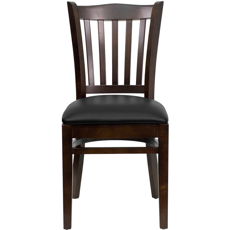 SINGLEWAVE Series Vertical Slat Back Walnut Wood Restaurant Chair - Black Vinyl Seat