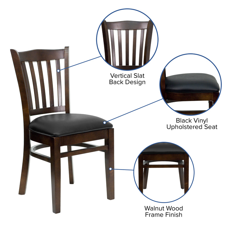 SINGLEWAVE Series Vertical Slat Back Walnut Wood Restaurant Chair - Black Vinyl Seat