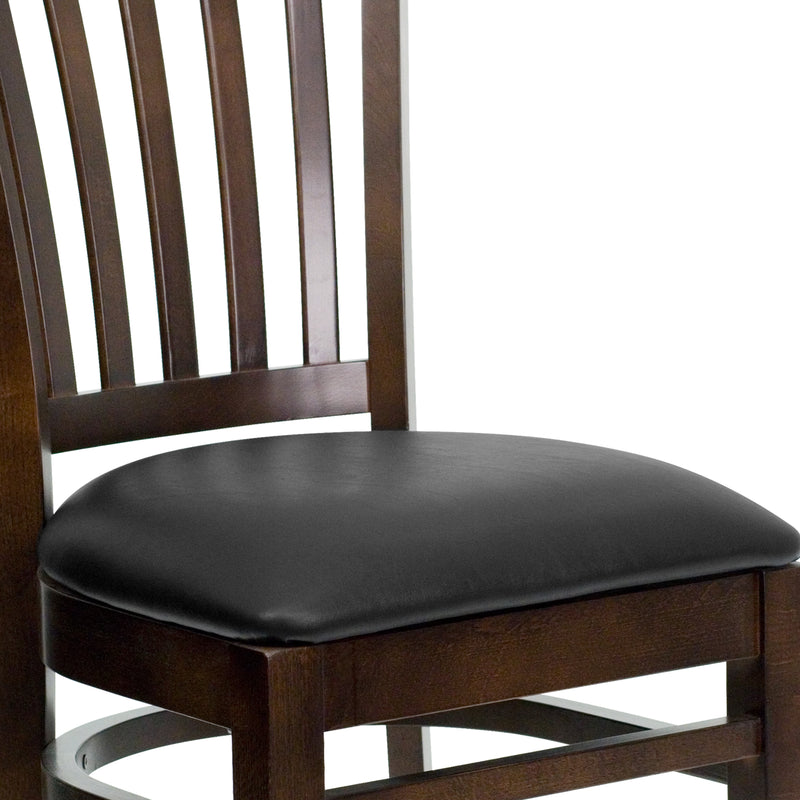 SINGLEWAVE Series Vertical Slat Back Walnut Wood Restaurant Chair - Black Vinyl Seat