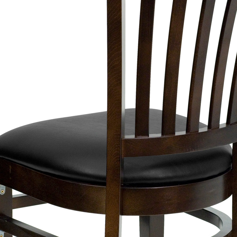 SINGLEWAVE Series Vertical Slat Back Walnut Wood Restaurant Chair - Black Vinyl Seat