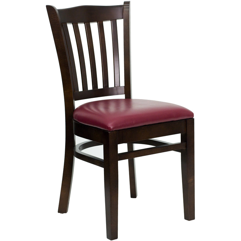 SINGLEWAVE Series Vertical Slat Back Walnut Wood Restaurant Chair - Burgundy Vinyl Seat