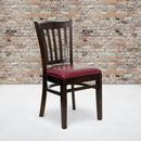 SINGLEWAVE Series Vertical Slat Back Walnut Wood Restaurant Chair - Burgundy Vinyl Seat