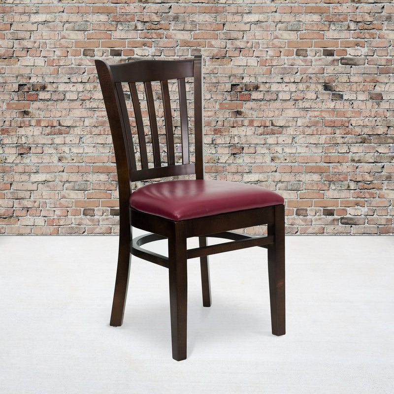 SINGLEWAVE Series Vertical Slat Back Walnut Wood Restaurant Chair - Burgundy Vinyl Seat