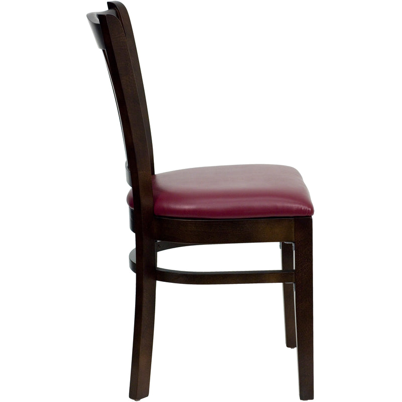 SINGLEWAVE Series Vertical Slat Back Walnut Wood Restaurant Chair - Burgundy Vinyl Seat