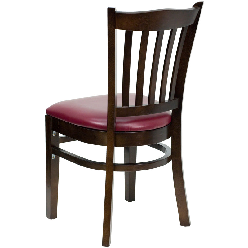 SINGLEWAVE Series Vertical Slat Back Walnut Wood Restaurant Chair - Burgundy Vinyl Seat