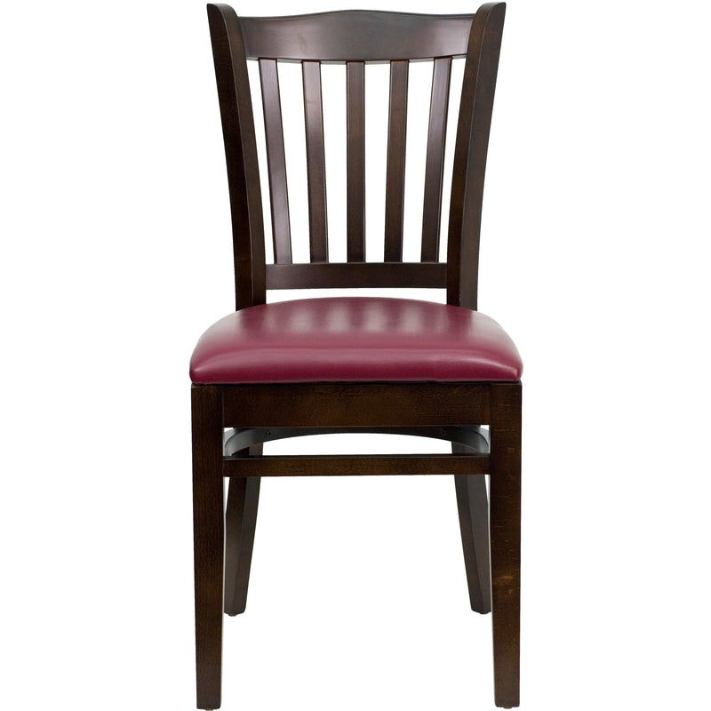 SINGLEWAVE Series Vertical Slat Back Walnut Wood Restaurant Chair - Burgundy Vinyl Seat