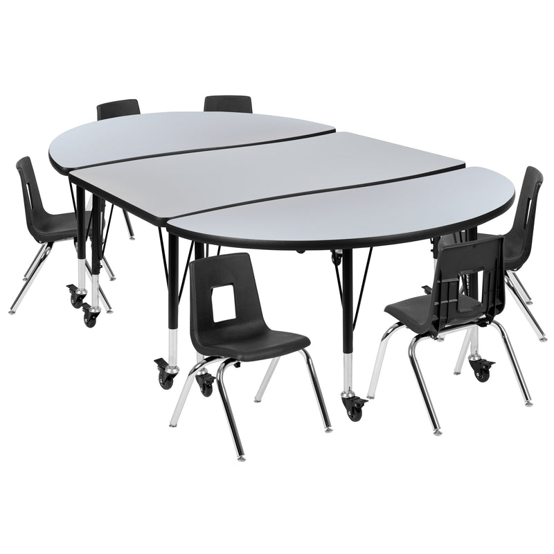 Mobile 76" Oval Wave Flexible Laminate Activity Table Set with 12" Student Stack Chairs, Grey/Black