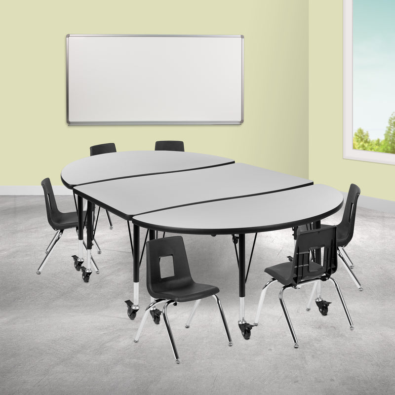 Mobile 76" Oval Wave Flexible Laminate Activity Table Set with 12" Student Stack Chairs, Grey/Black