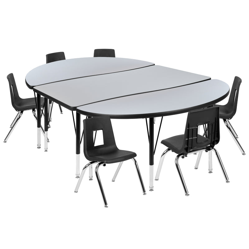 76" Oval Wave Flexible Laminate Activity Table Set with 12" Student Stack Chairs, Grey/Black