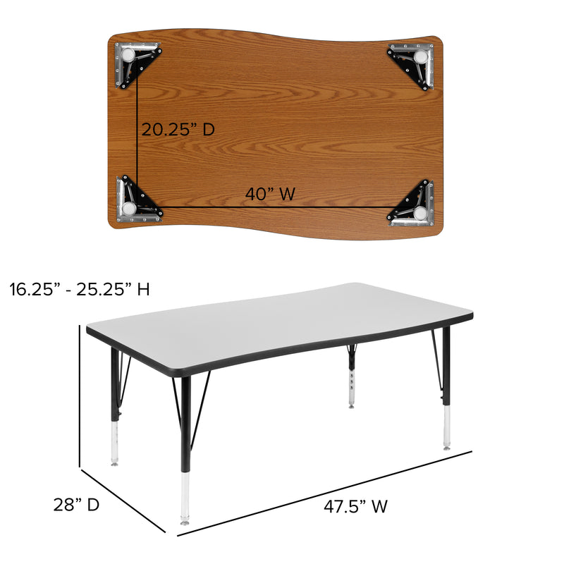 76" Oval Wave Flexible Laminate Activity Table Set with 12" Student Stack Chairs, Grey/Black