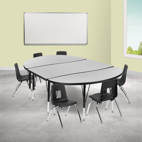 76" Oval Wave Flexible Laminate Activity Table Set with 12" Student Stack Chairs, Grey/Black