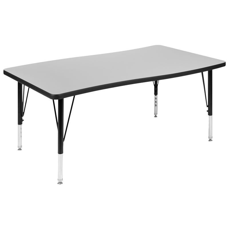 76" Oval Wave Flexible Laminate Activity Table Set with 12" Student Stack Chairs, Grey/Black