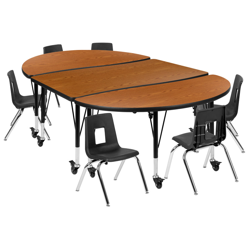 Mobile 76" Oval Wave Flexible Laminate Activity Table Set with 12" Student Stack Chairs, Oak/Black