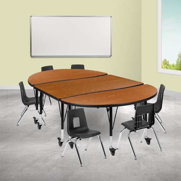 Mobile 76" Oval Wave Flexible Laminate Activity Table Set with 12" Student Stack Chairs, Oak/Black