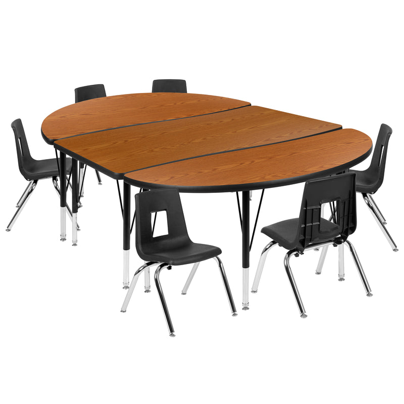 76" Oval Wave Flexible Laminate Activity Table Set with 12" Student Stack Chairs, Oak/Black