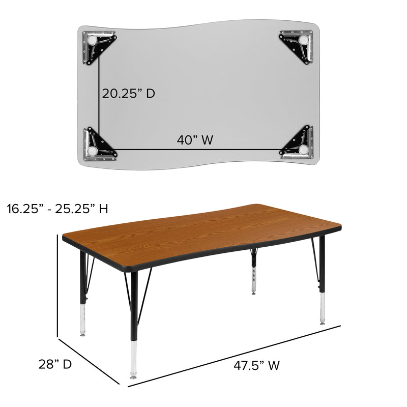 76" Oval Wave Flexible Laminate Activity Table Set with 12" Student Stack Chairs, Oak/Black