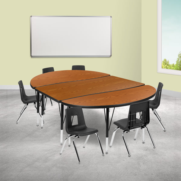 76" Oval Wave Flexible Laminate Activity Table Set with 12" Student Stack Chairs, Oak/Black