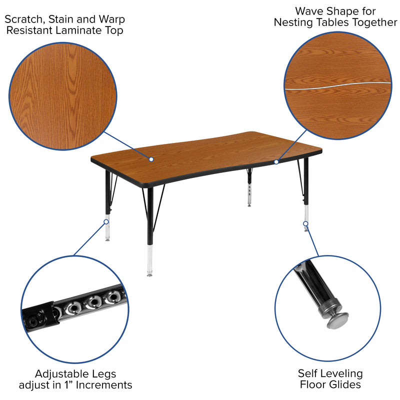 76" Oval Wave Flexible Laminate Activity Table Set with 12" Student Stack Chairs, Oak/Black