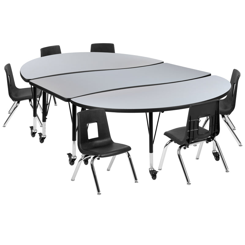 Mobile 86" Oval Wave Flexible Laminate Activity Table Set with 12" Student Stack Chairs, Grey/Black