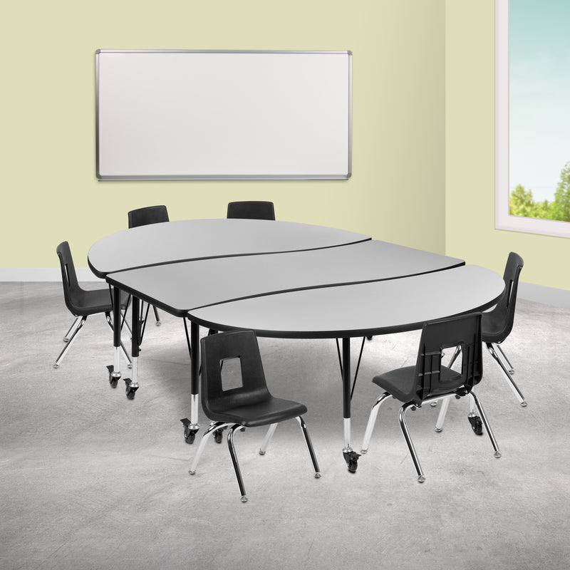 Mobile 86" Oval Wave Flexible Laminate Activity Table Set with 12" Student Stack Chairs, Grey/Black