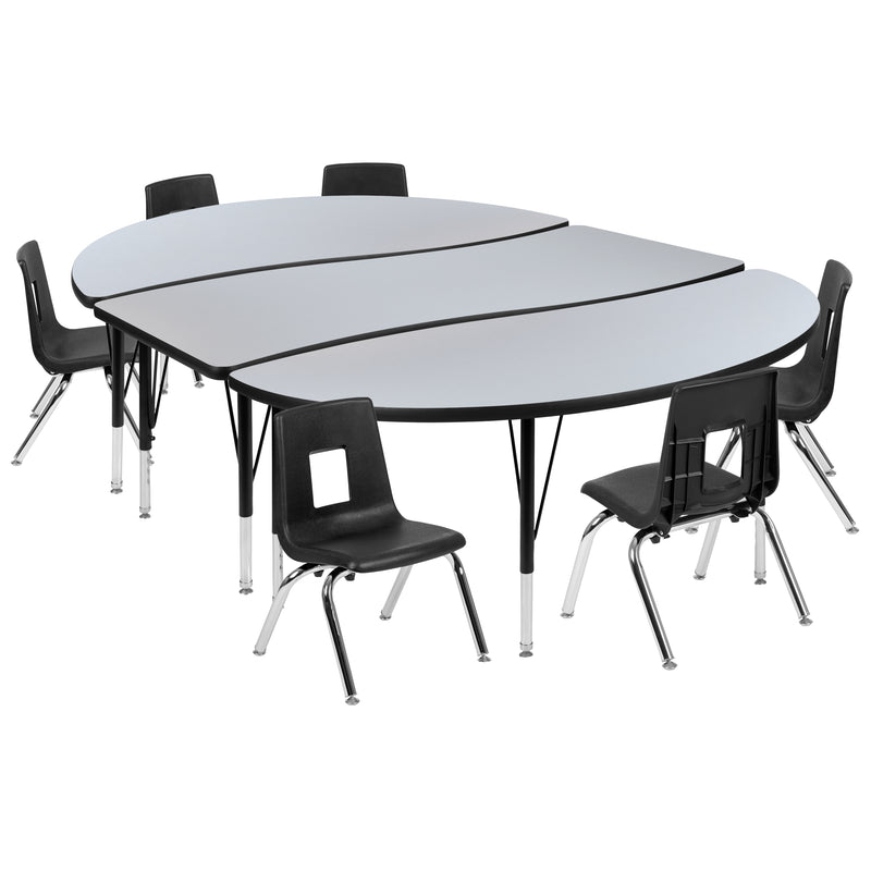 86" Oval Wave Flexible Laminate Activity Table Set with 12" Student Stack Chairs, Grey/Black