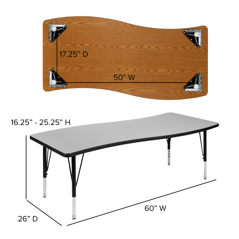 86" Oval Wave Flexible Laminate Activity Table Set with 12" Student Stack Chairs, Grey/Black