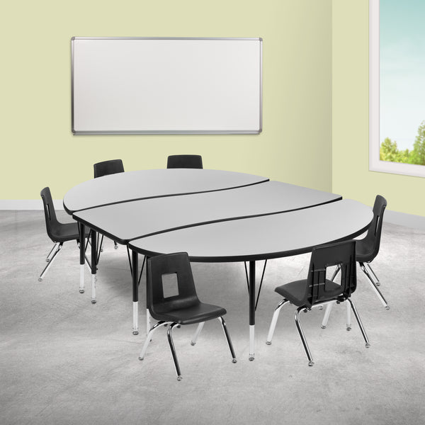 86" Oval Wave Flexible Laminate Activity Table Set with 12" Student Stack Chairs, Grey/Black