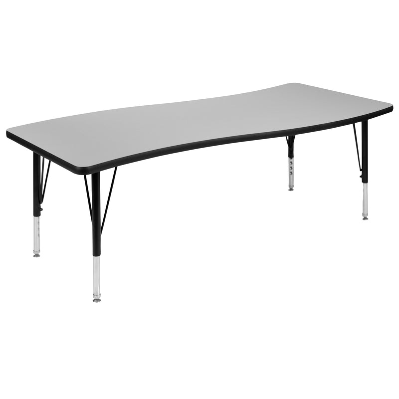 86" Oval Wave Flexible Laminate Activity Table Set with 12" Student Stack Chairs, Grey/Black