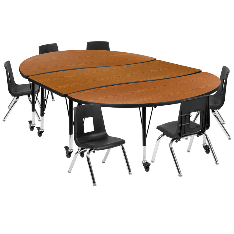 Mobile 86" Oval Wave Flexible Laminate Activity Table Set with 12" Student Stack Chairs, Oak/Black