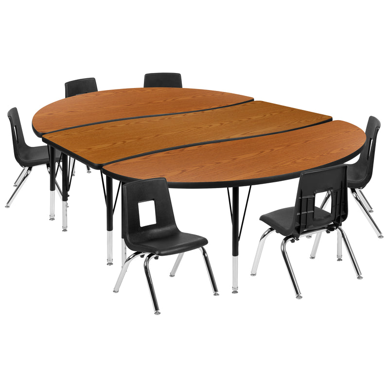 86" Oval Wave Flexible Laminate Activity Table Set with 12" Student Stack Chairs, Oak/Black