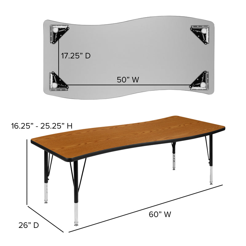 86" Oval Wave Flexible Laminate Activity Table Set with 12" Student Stack Chairs, Oak/Black