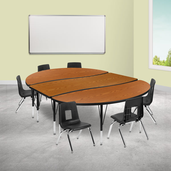 86" Oval Wave Flexible Laminate Activity Table Set with 12" Student Stack Chairs, Oak/Black