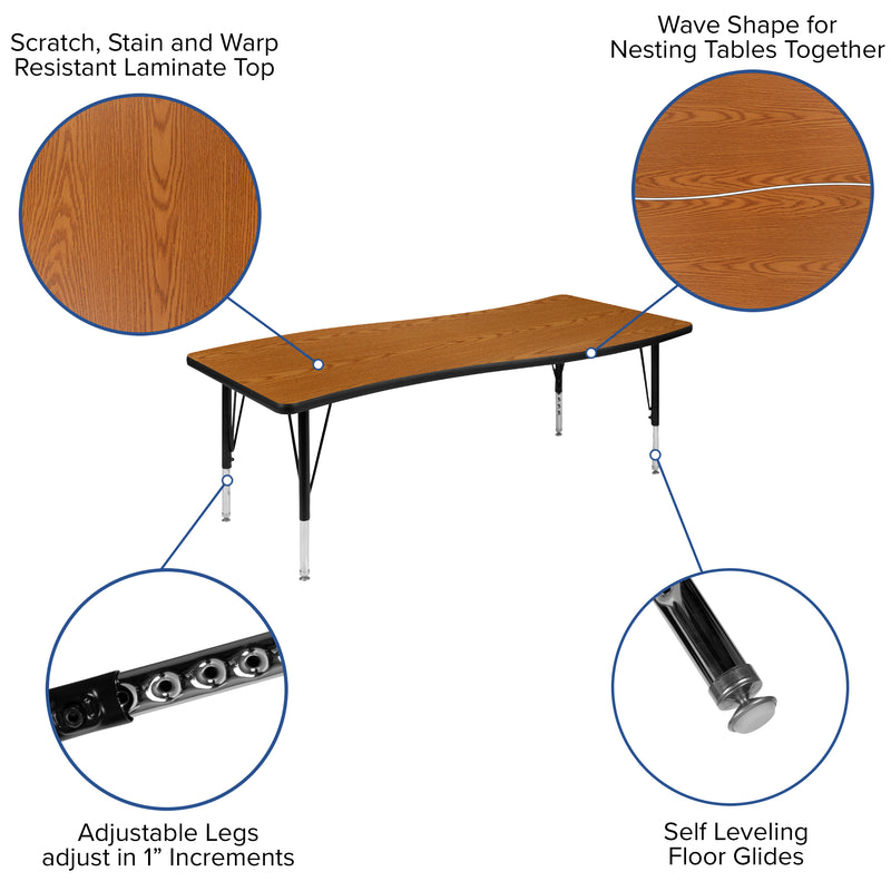 86" Oval Wave Flexible Laminate Activity Table Set with 12" Student Stack Chairs, Oak/Black