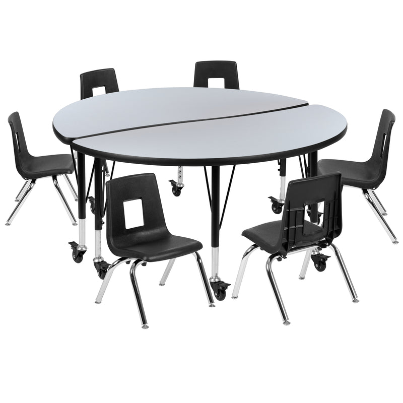 Mobile 47.5" Circle Wave Flexible Laminate Activity Table Set with 12" Student Stack Chairs, Grey/Black