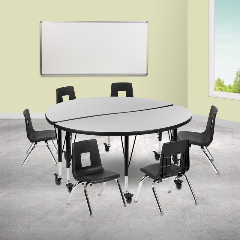 Mobile 47.5" Circle Wave Flexible Laminate Activity Table Set with 12" Student Stack Chairs, Grey/Black