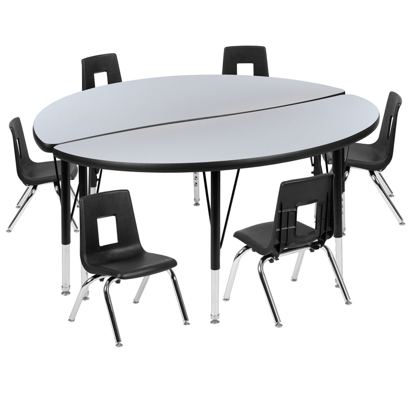 47.5" Circle Wave Flexible Laminate Activity Table Set with 12" Student Stack Chairs, Grey/Black