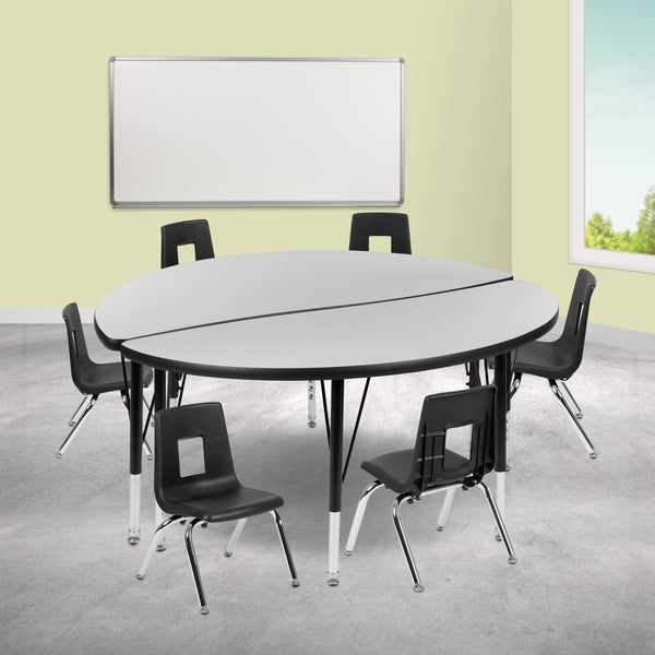 47.5" Circle Wave Flexible Laminate Activity Table Set with 12" Student Stack Chairs, Grey/Black