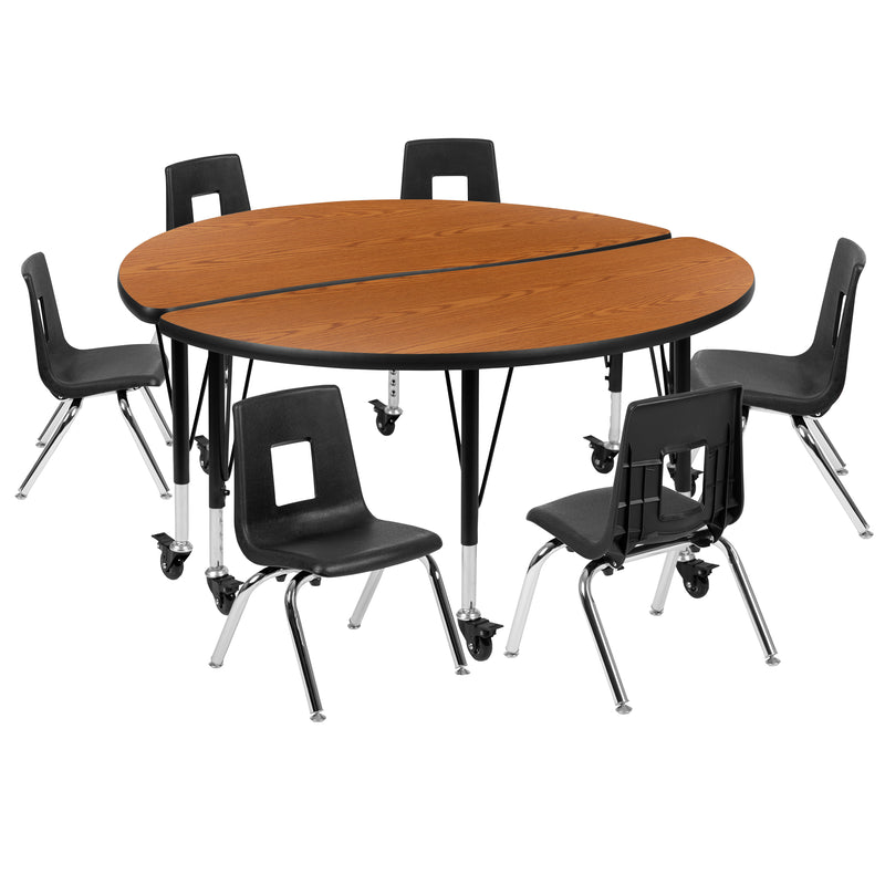 Mobile 47.5" Circle Wave Flexible Laminate Activity Table Set with 12" Student Stack Chairs, Oak/Black