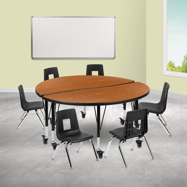 Mobile 47.5" Circle Wave Flexible Laminate Activity Table Set with 12" Student Stack Chairs, Oak/Black