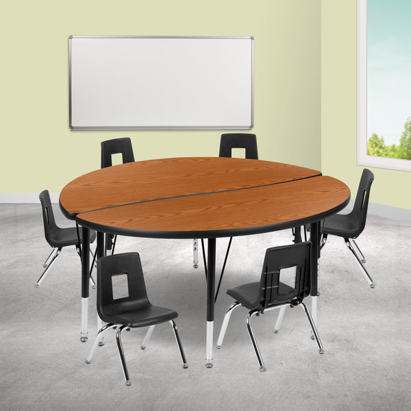 47.5" Circle Wave Flexible Laminate Activity Table Set with 12" Student Stack Chairs, Oak/Black