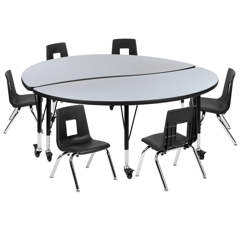 Mobile 60" Circle Wave Flexible Laminate Activity Table Set with 12" Student Stack Chairs, Grey/Black