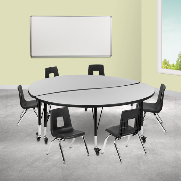 Mobile 60" Circle Wave Flexible Laminate Activity Table Set with 12" Student Stack Chairs, Grey/Black