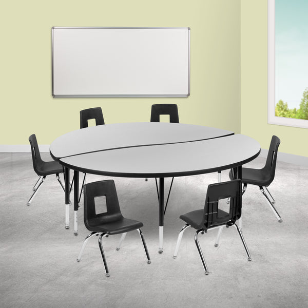 60" Circle Wave Flexible Laminate Activity Table Set with 12" Student Stack Chairs, Grey/Black