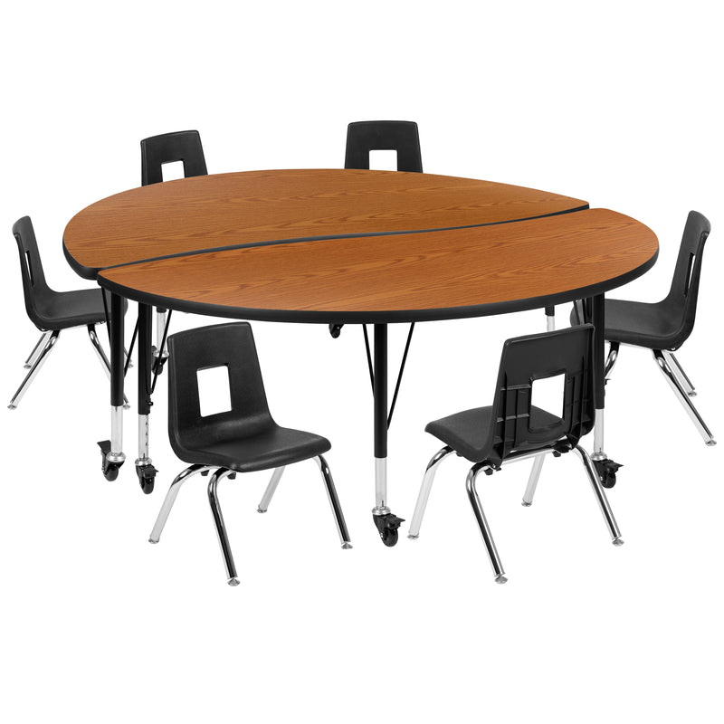 Mobile 60" Circle Wave Flexible Laminate Activity Table Set with 12" Student Stack Chairs, Oak/Black