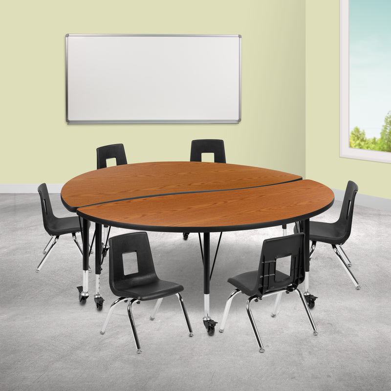 Mobile 60" Circle Wave Flexible Laminate Activity Table Set with 12" Student Stack Chairs, Oak/Black