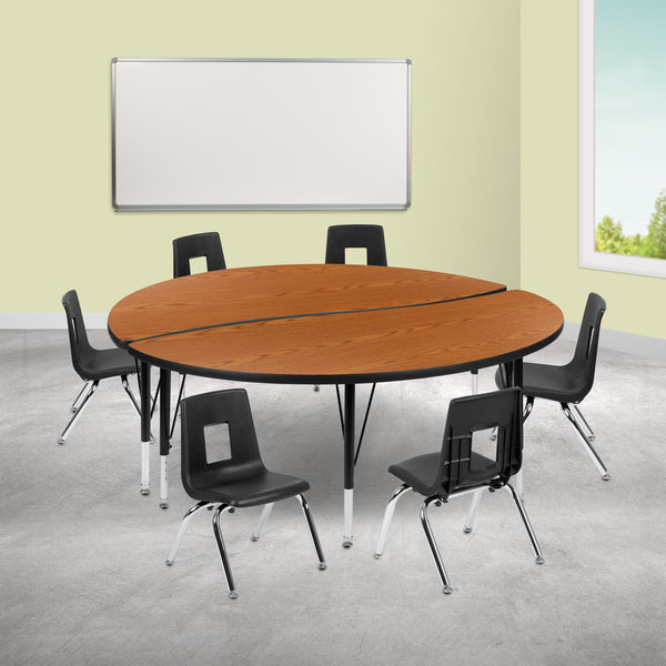 60" Circle Wave Flexible Laminate Activity Table Set with 12" Student Stack Chairs, Oak/Black