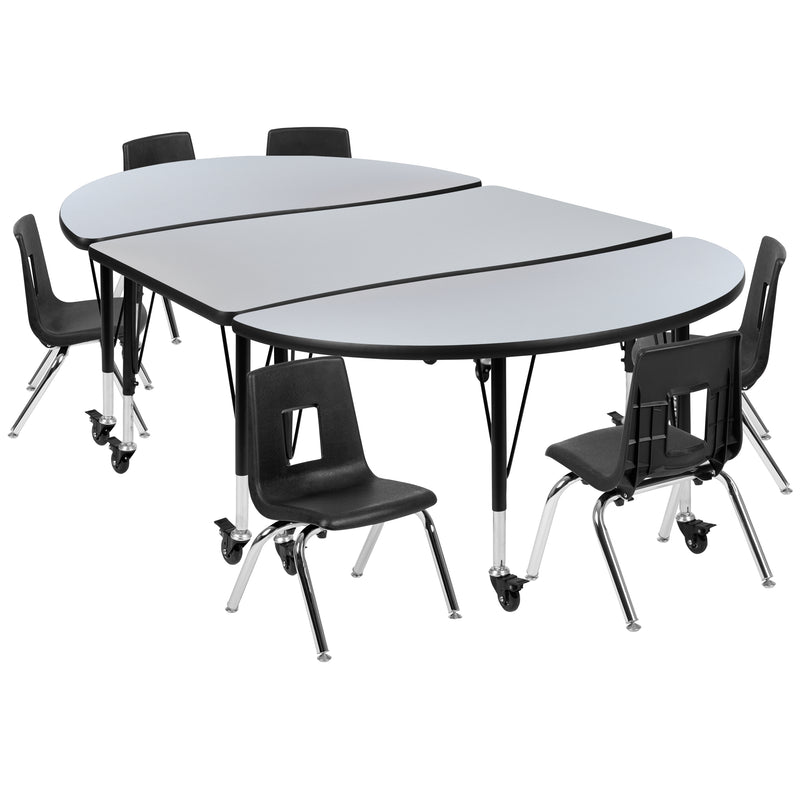 Mobile 76" Oval Wave Flexible Laminate Activity Table Set with 14" Student Stack Chairs, Grey/Black