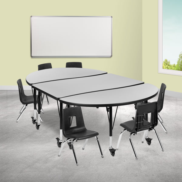 Mobile 76" Oval Wave Flexible Laminate Activity Table Set with 14" Student Stack Chairs, Grey/Black